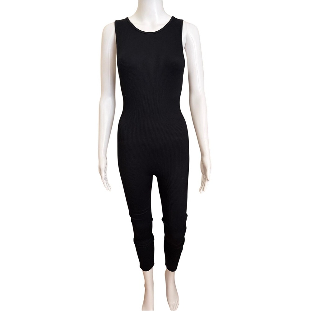 Seamless Black Ribbed Stretch Catsuit Bodysuit Jumpsuit Size Medium